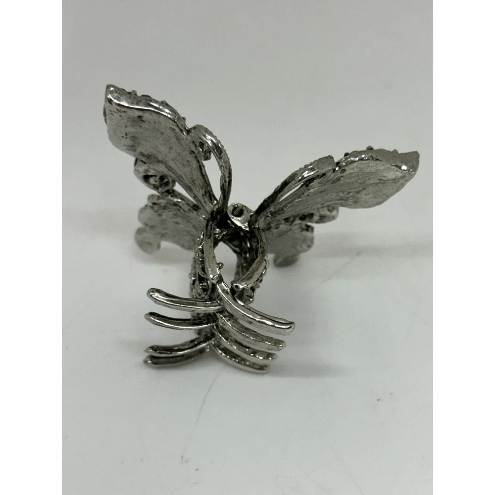 VTG Butterfly Hair Claw Clip Green Blue Rhinestone Silver Tone Enamel Wings